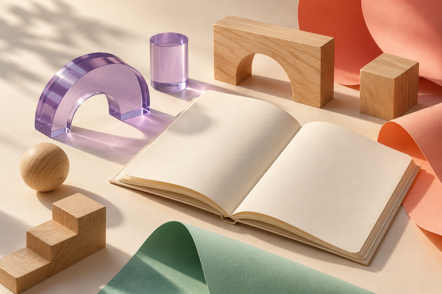 Editorial concept with notebook, blocks and coloured paper